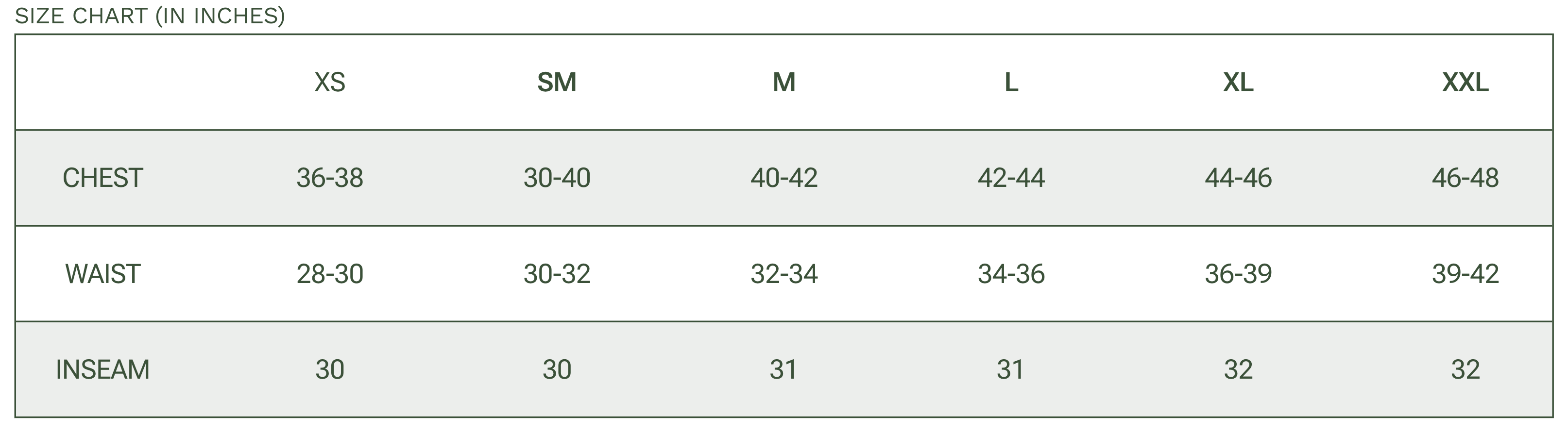 Size chart in inches showing chest, waist, and inseam measurements for sizes XS through XXL. Chest ranges from 36–38 (XS) to 46–48 (XXL), waist ranges from 28–30 (XS) to 39–42 (XXL), and inseam ranges from 30 to 32 inches.
